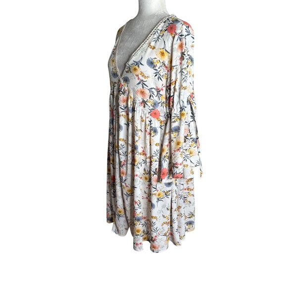 Umgee Floral Boho Long Sleeve V Neck Babydoll Dress Sz Large Cold Shoulder - Picture 6 of 8